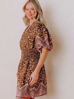 Leopard Print Mini Dress with Pink Trim WILDLY CHIC SATIN LEOPARD MINI DRESS